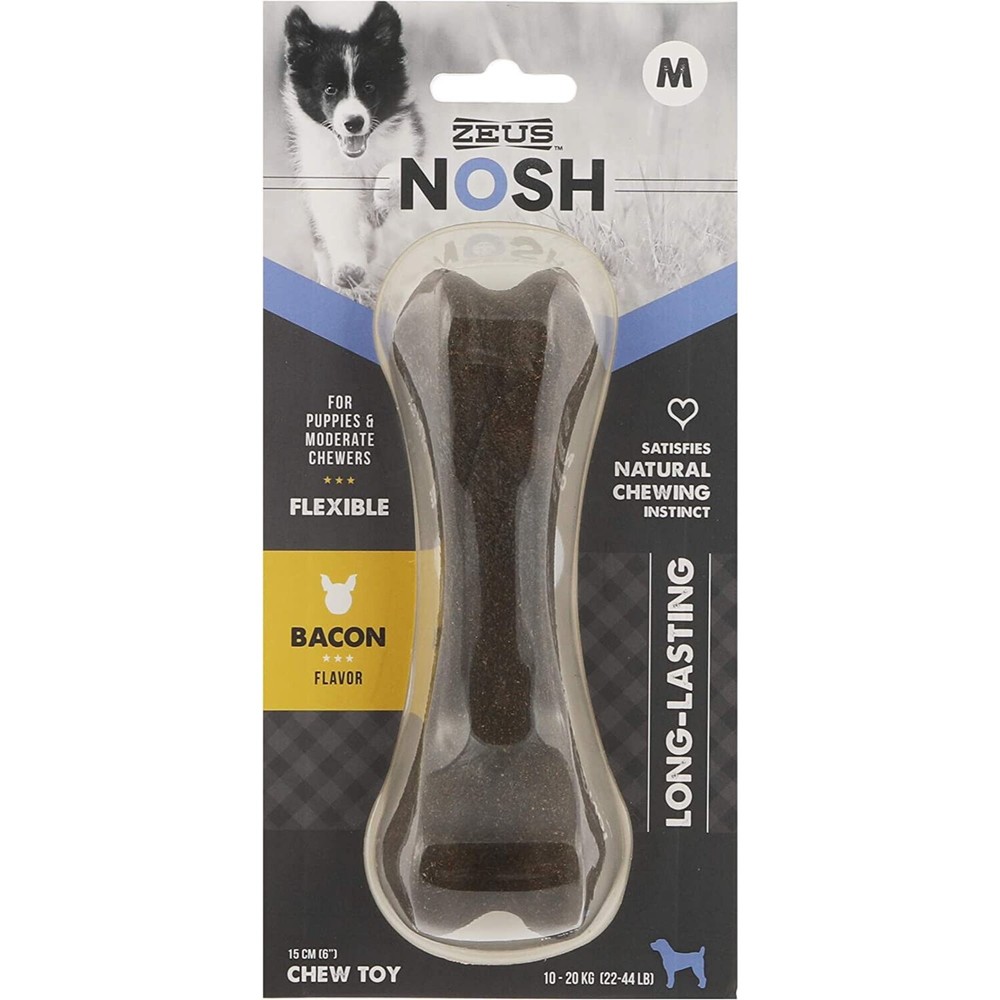 ZEUS Nosh Flexible Chew Bones Toys Med Dogs Puppies Moderate Chewers Bacon Flvor